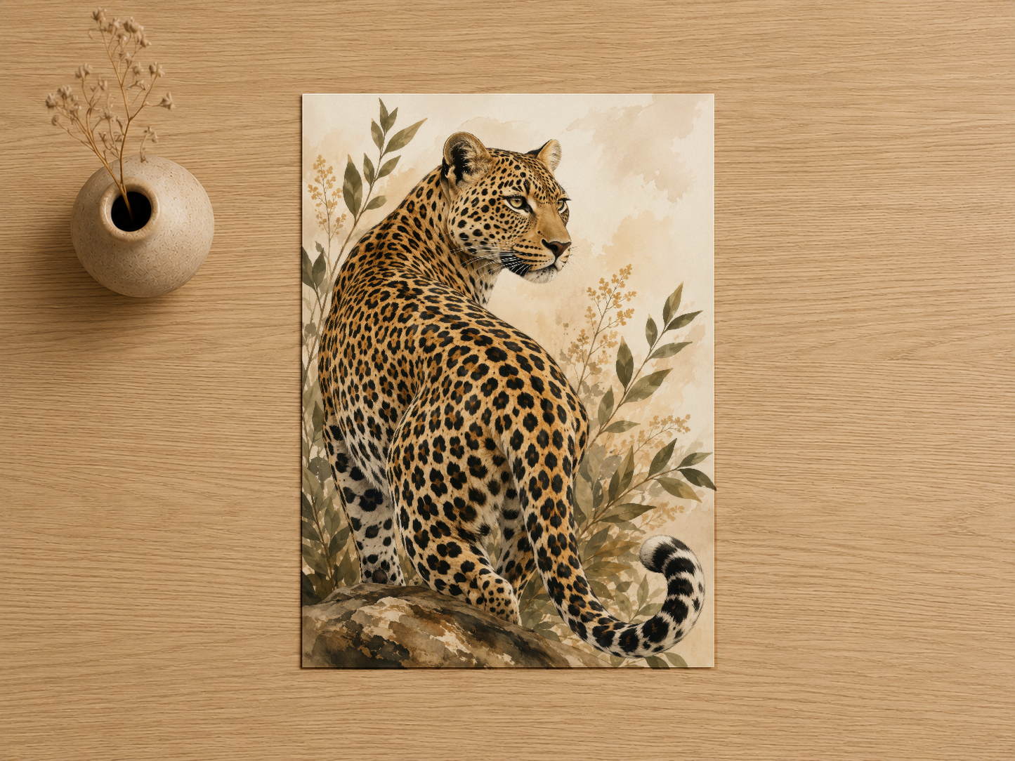 Doğal ahşap zemininde, leoparın yan profili botanik detaylarıyla dekore edilmiş sanat baskısı.