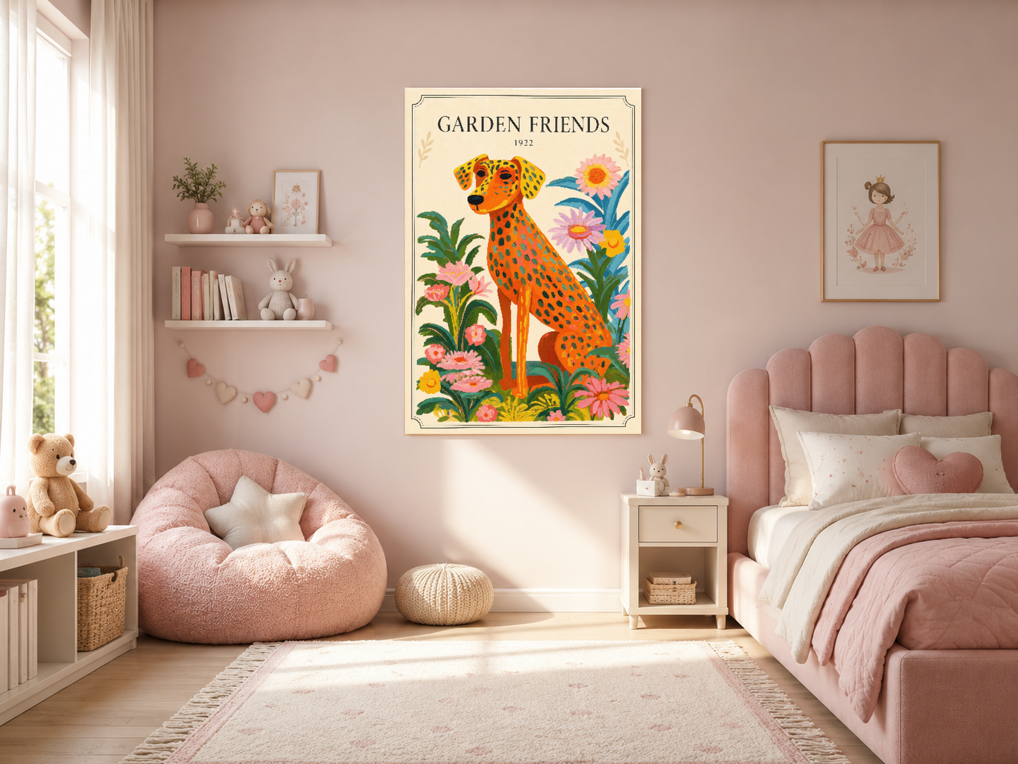 Garden Friends tablosu, pembe çocuk yatak odasının duvarında, zarif vintage çiçek ve köpek tasarımı.