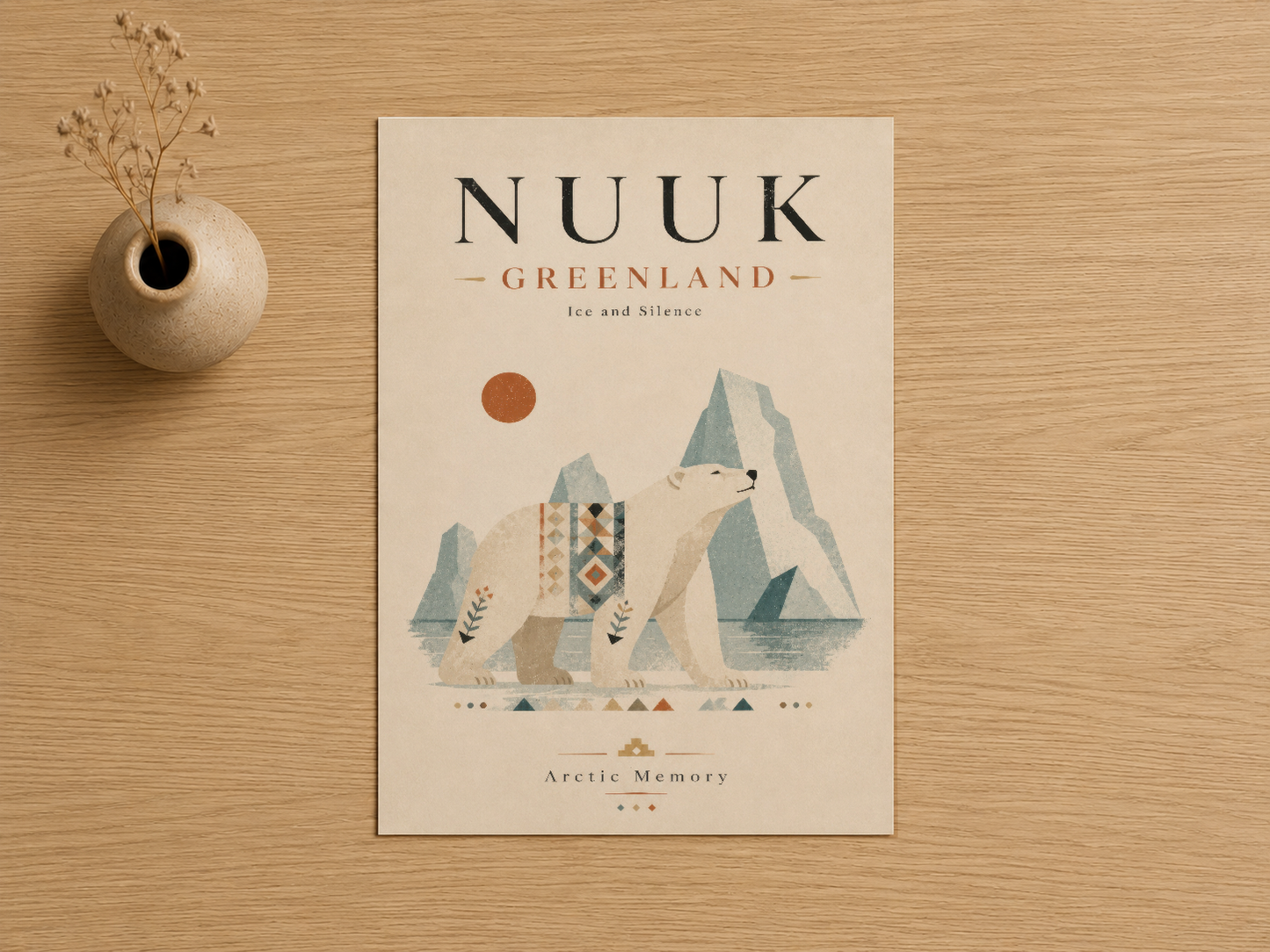 Arktik temalı Nuuk Greenland duvar tablosu, ayı ve dağ motifli modern tasarım.