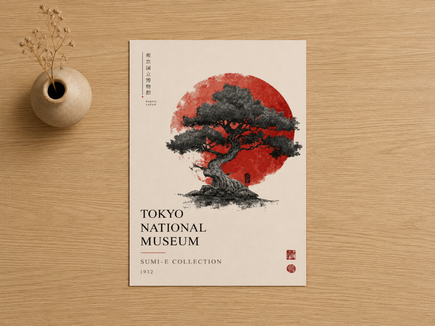 Tokyo National Museum Sumi-E koleksiyonu baskısı, kırmızı daire ve tinta ağacı sanat tasarımı