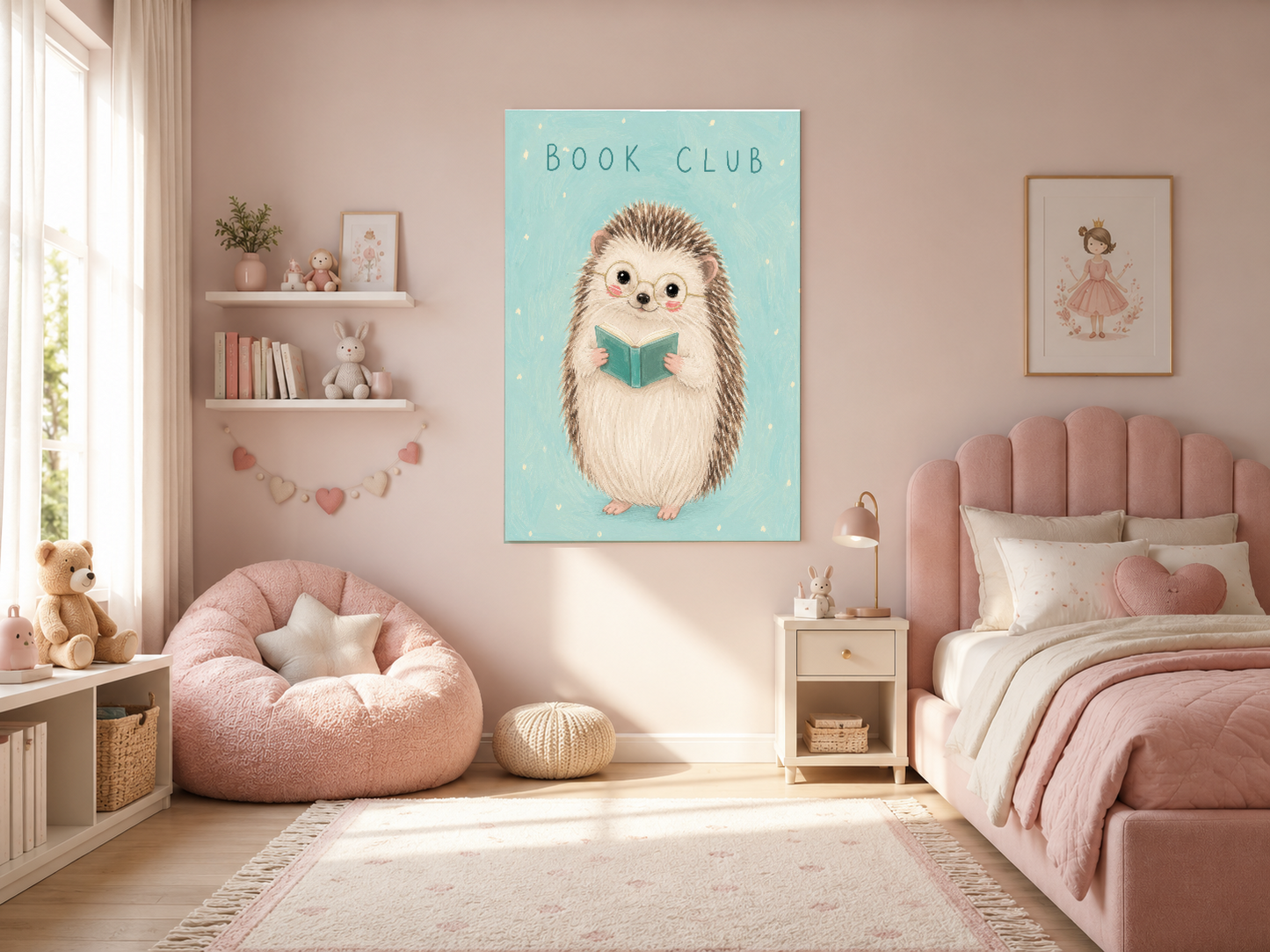 Pembe tonlarda çocuk yatak odasını süsleyen, kitap okuyan kirpi karakterli modern poster.