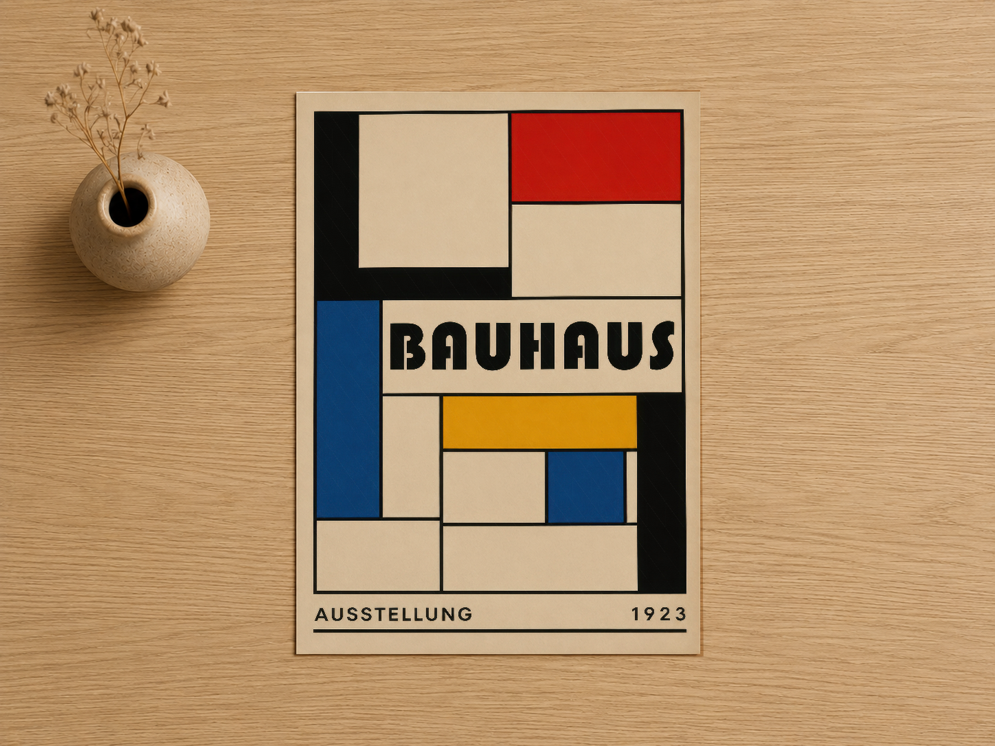 1923 Bauhaus Ausstellung posteri, geometrik renkli bloklar ve siyah yapısıyla destansı tasarım sergiler.