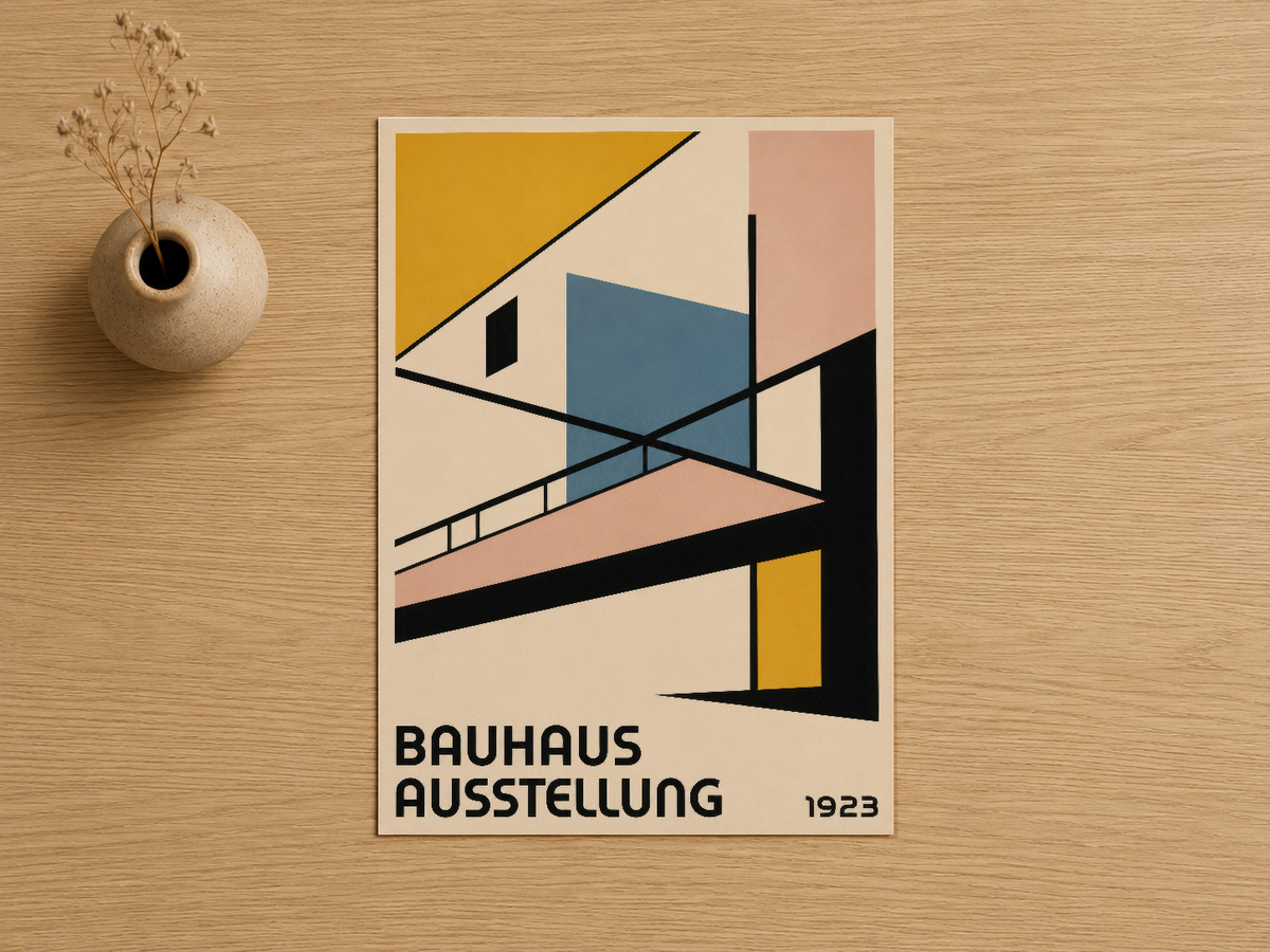 1923 Bauhaus Ausstellung sanat baskısı, keskin çizgiler ve canlı renk bloklarıyla soyut mimari tasarım.