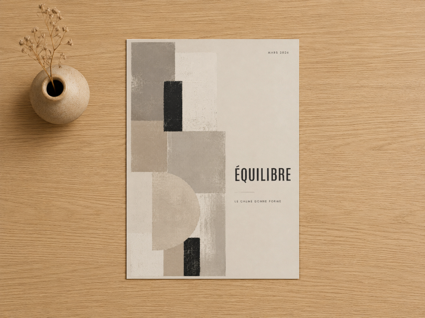 Equilibre duvar tablosu, siyah ve gri geometrik formlarla tasarlanmış, kontrastlı soyut kompozisyon.