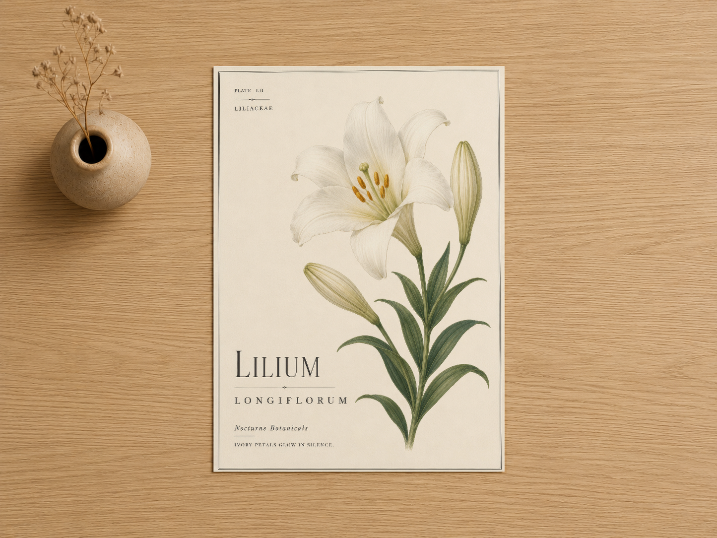 Lilium longiflorum botanik baskısı, ahşap zemin üzerinde sanat tablosu olarak gösterilen antik çiçek illüstrasyonu.