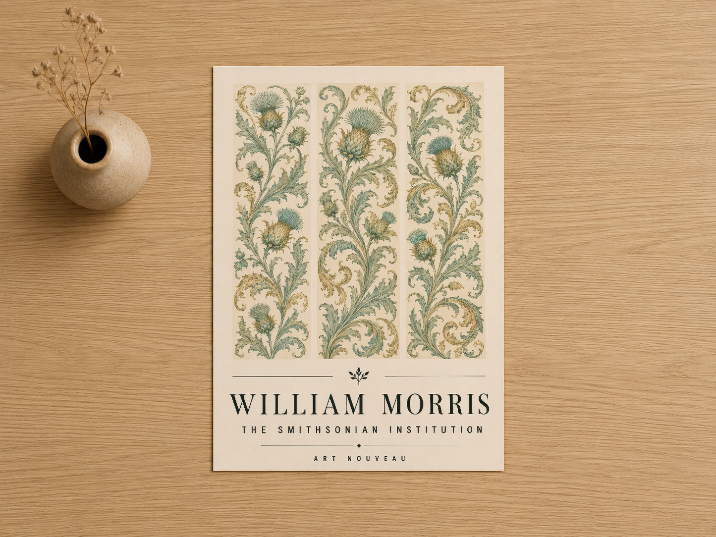 Art Nouveau tarzında yeşil ve altın renkli çiçek motifli William Morris tablosu, ahşap masada.