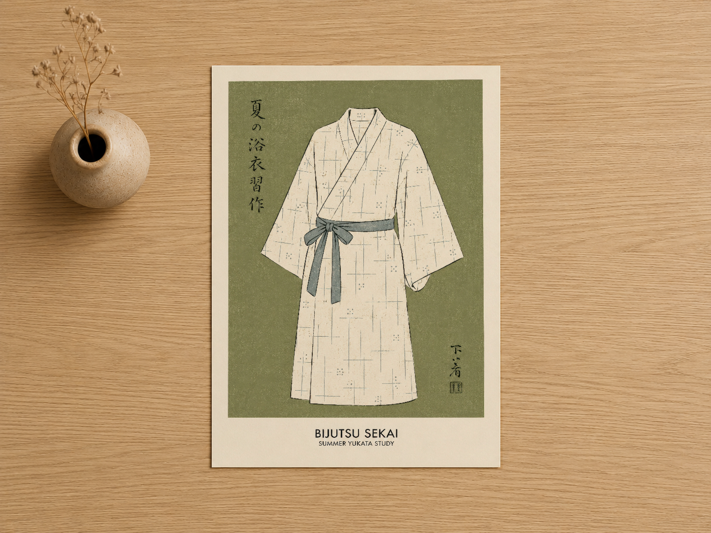 Doğal ahşap zemin üzerinde, beyaz mat çerçeveli Bijutsu Sekai sanat baskısı, yaz yukata çalışması gösteriyor.