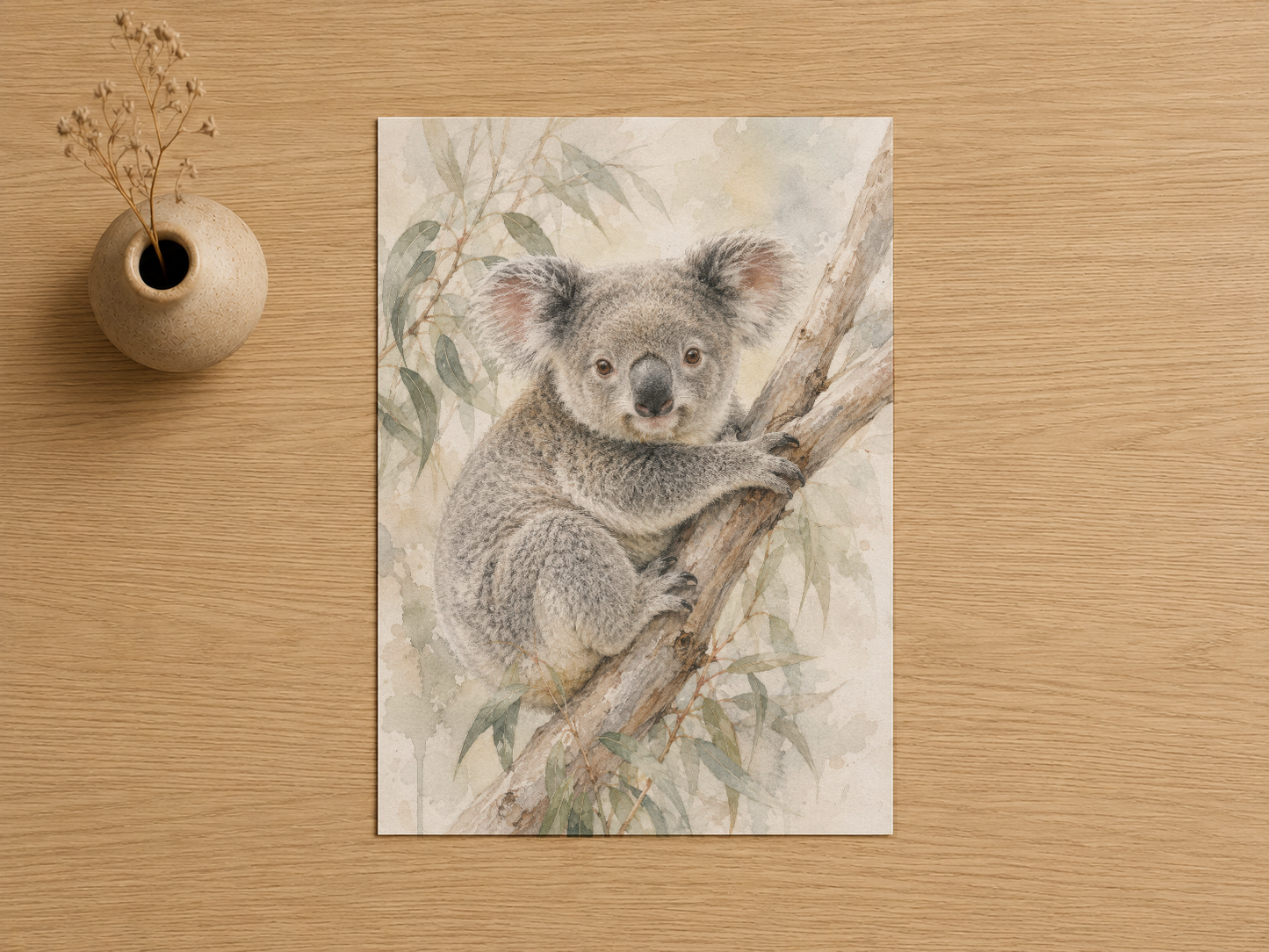 Koala hayvan illüstrasyonlu, doğal renklerle yapılmış, zarif duvar tablosu tasarımı.