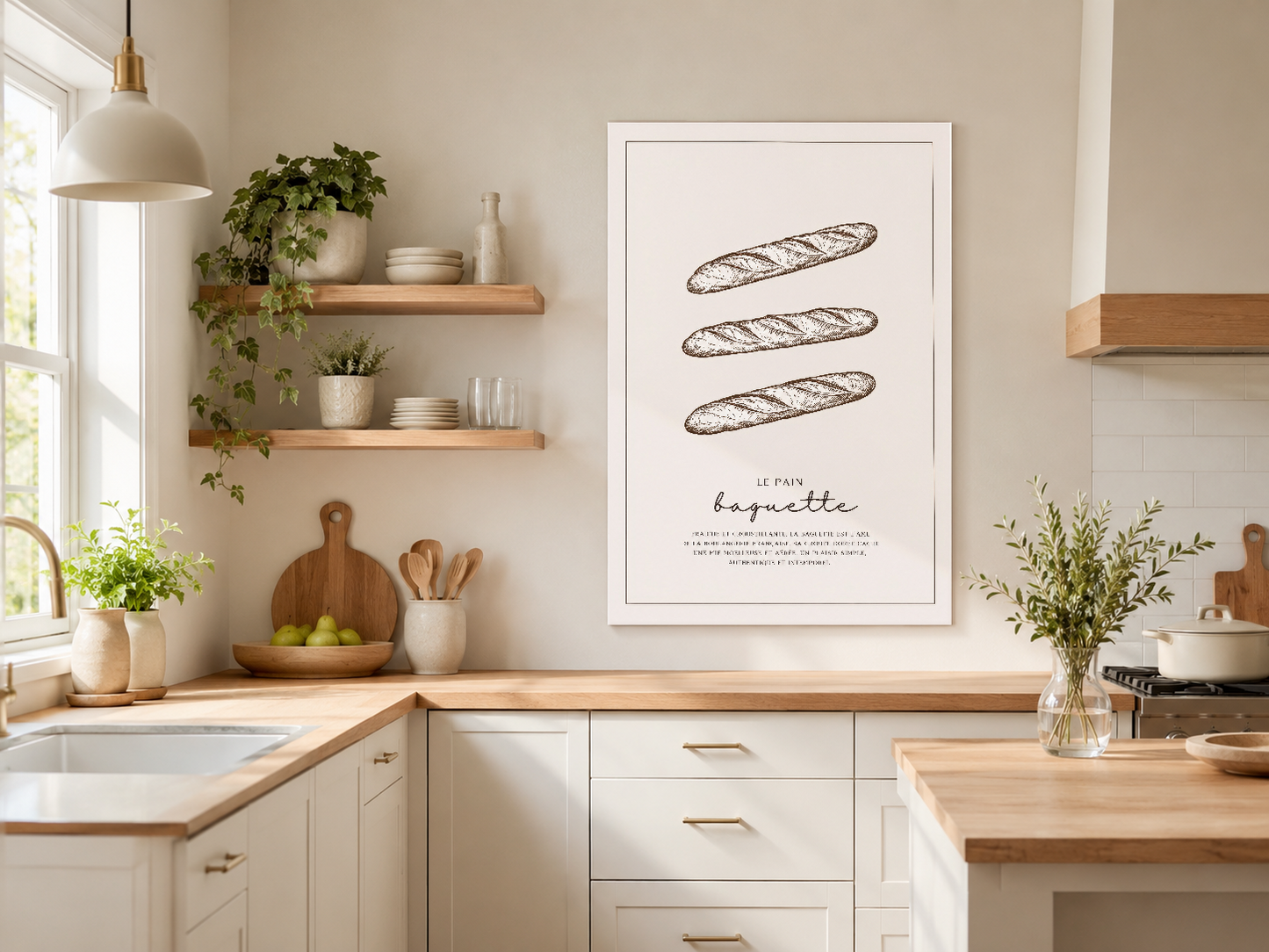 Üç baget çizimi ve Le Pain Baguette yazısıyla zarif minimal poster, aydınlık mutfak duvarında sergilenmiş.
