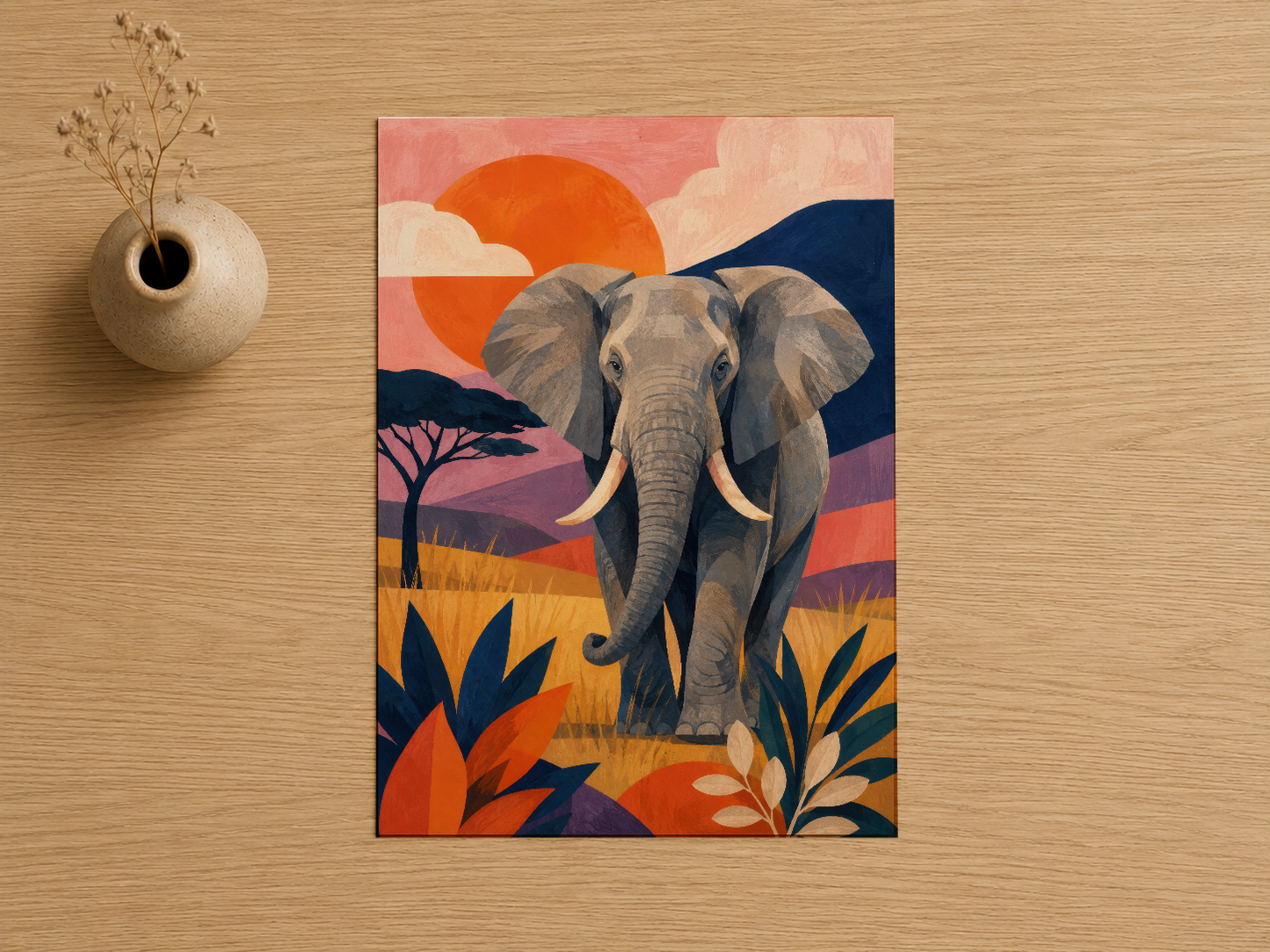Safran renkleri ve lacivert tonlarında, Afrika savannasını konu alan dekoratif fil tablosu sanat baskısı.
