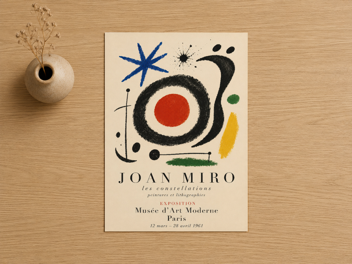 Joan Miró'nun Les Constellations serisinden ilham alan renkli soyut yıldız ve daireler motifli sanat posteri.