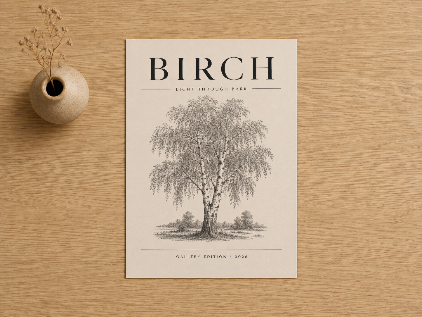 Detaylı kayin ağacı gravürü, zarif serif tipografisiyle Light Through Bark başlığı taşıyan sanat baskısı.