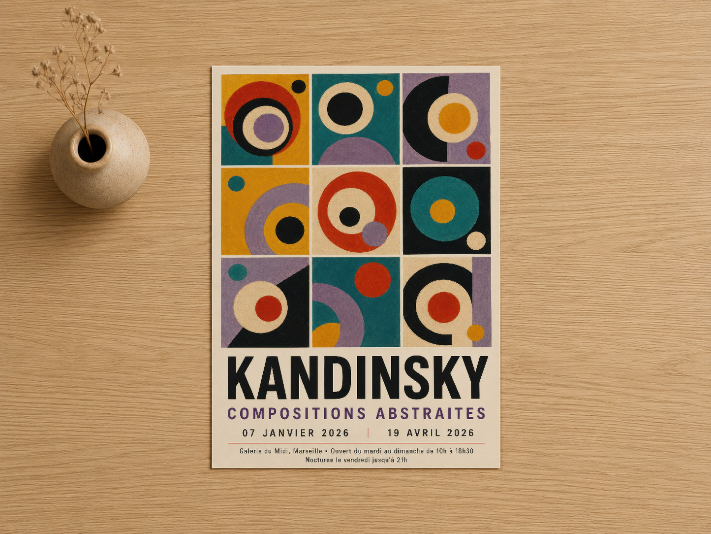 Kandinsky Composições Abstraites poster, soyut daireler ve renkli geometrik motifler, galeri kalitesi baskı.