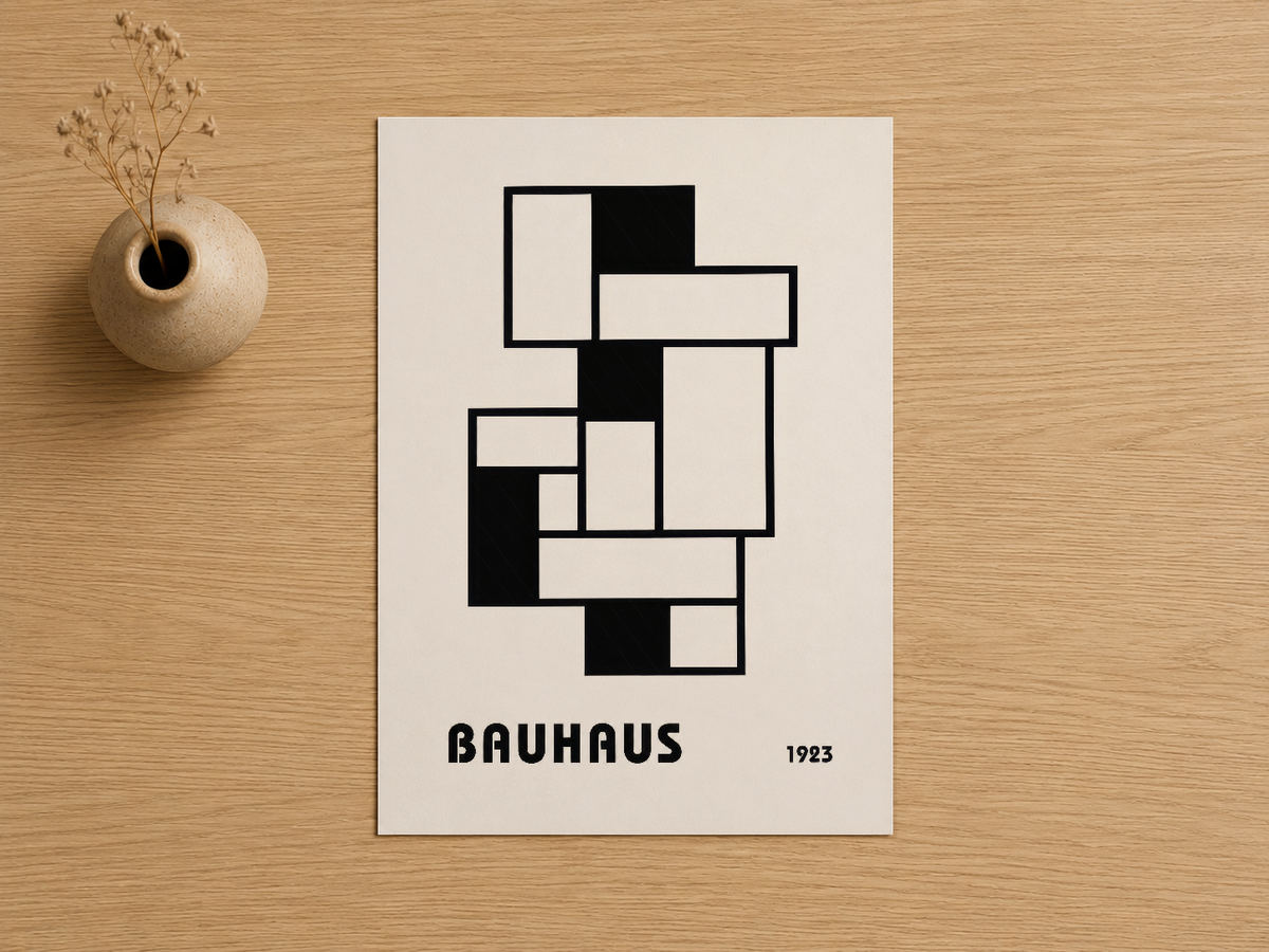 Bauhaus 1923 soyut geometrik tasarım tablosu, doğal ahşap zemin üzerinde minimalist stilleriyle sunuluyor.