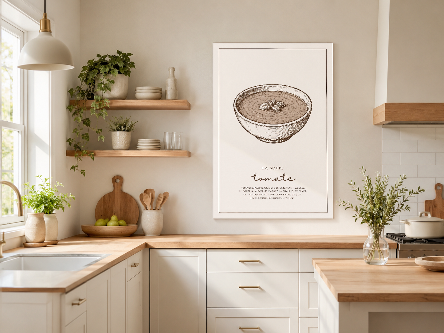 Retro domates çorbası görseli, minimalist tasarımla aydınlık mutfak alanında duvar dekorasyon olarak sunulan tablo.