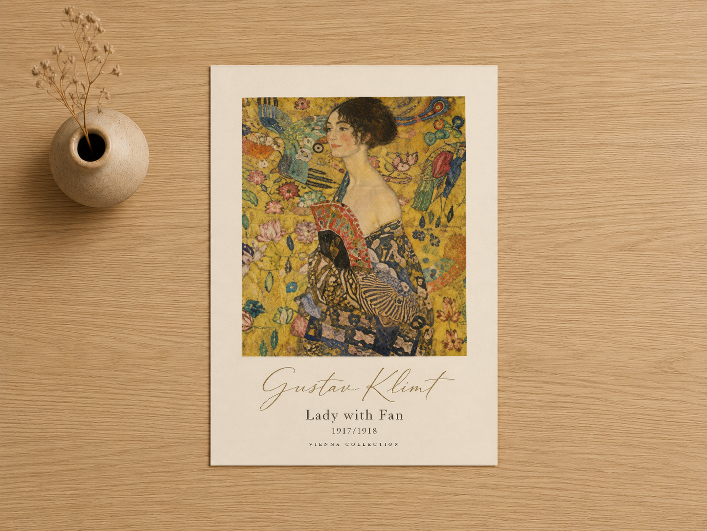Gustav Klimt'in 1917-1918 yılından bu klasik sanat eserinin kenarında yazılı başlık ve sanatçı imzası.