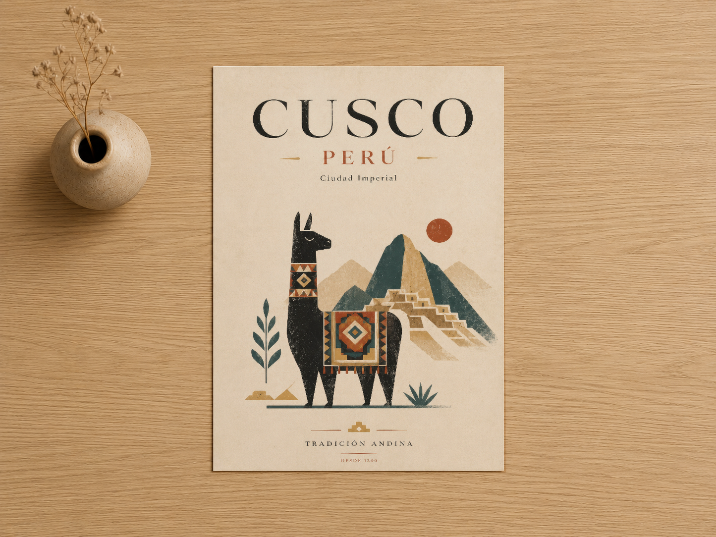 Cusco Perú sanat posteri, geleneksel Andean lama ve dağ manzarasıyla bohem dekorasyon için ideal tasarım.