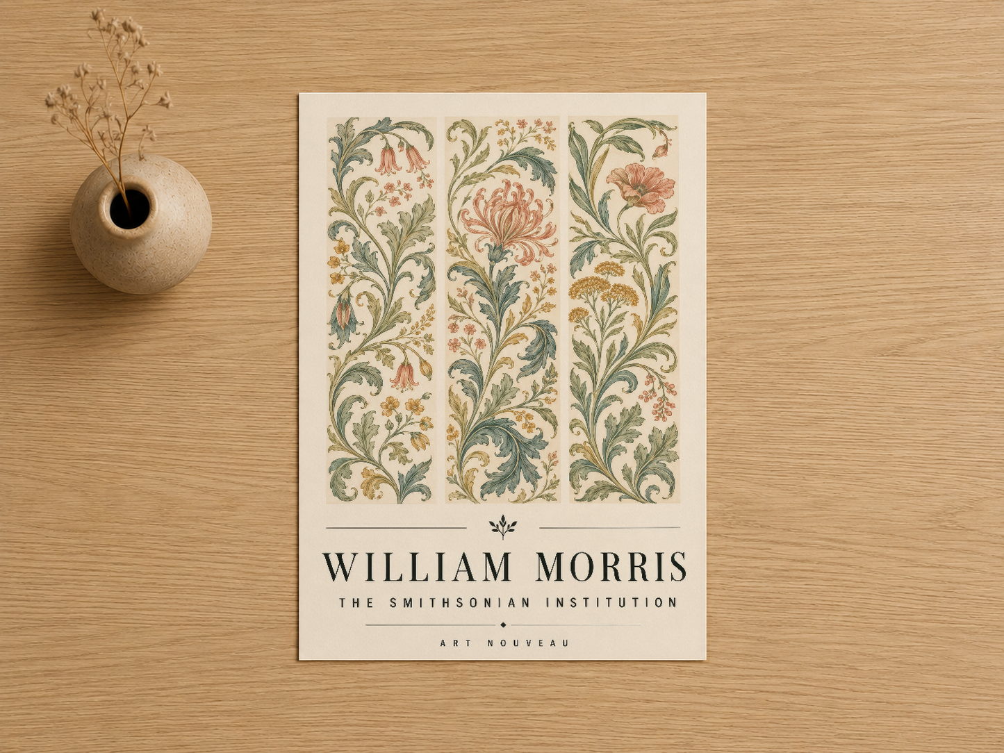 William Morris Art Nouveau desenli duvar tablosu, pastel renklerde üç şeritli çiçek ve yaprak motifli.