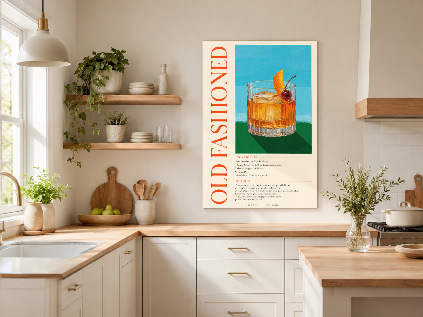 Old Fashioned kokteyl temalı sanat baskısı, ahşap detaylı şık mutfak ortamında asılı.