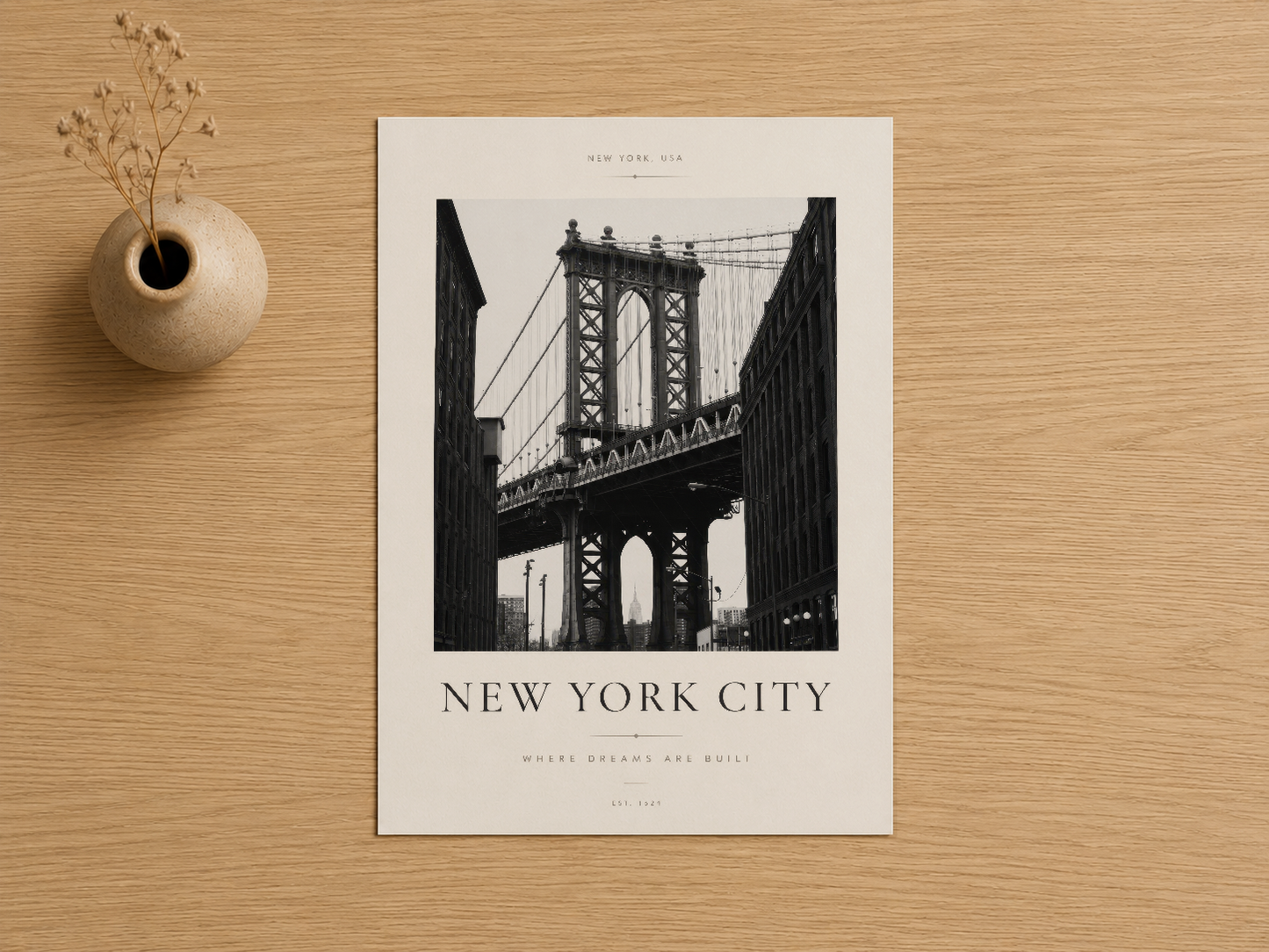 Manhattan Köprüsü izlenimli siyah beyaz sanat baskısı, şık ve zarif tasarım, çerçeveli poster.