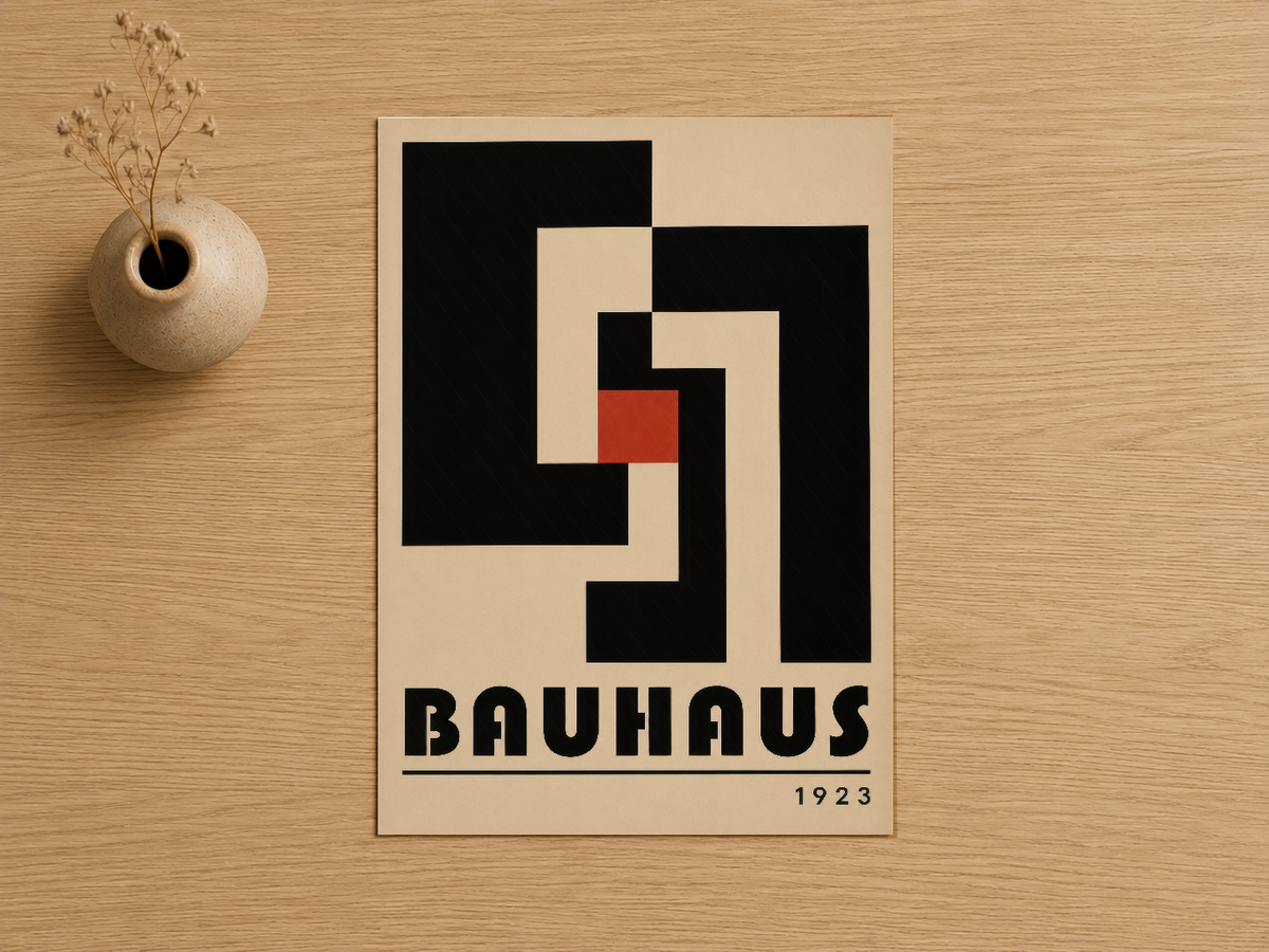 Bauhaus 1923 tablosu, siyah-krem geometrik spiralleri ve kırmızı aksan detayı ile klasik modernist tasarım.