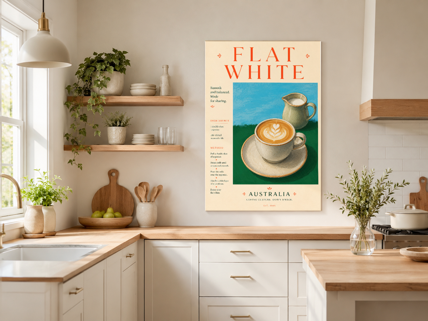 Turuncu başlıklı Flat White posteri, vintage kahve resim, modern mutfak duvarında sergilenmiş
