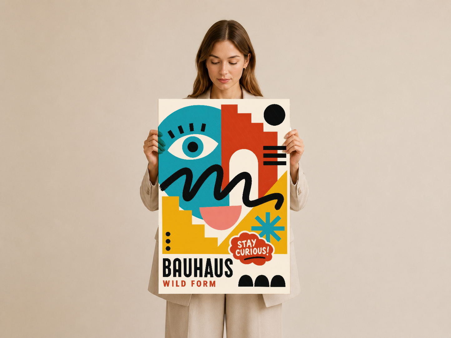 Bauhaus Wild Form tablosu, mavi göz ve kırmızı-sarı geometrik formlardan oluşan kendine özgü sanat eseri, yaratıcı mekanları