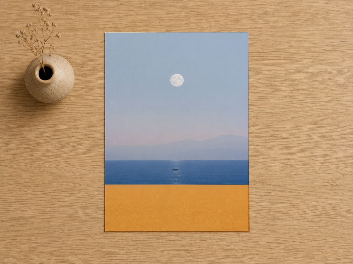 Gece ayı ve deniz manzarası tasvir eden, geometrik renkli baskılı sanat tablosu.