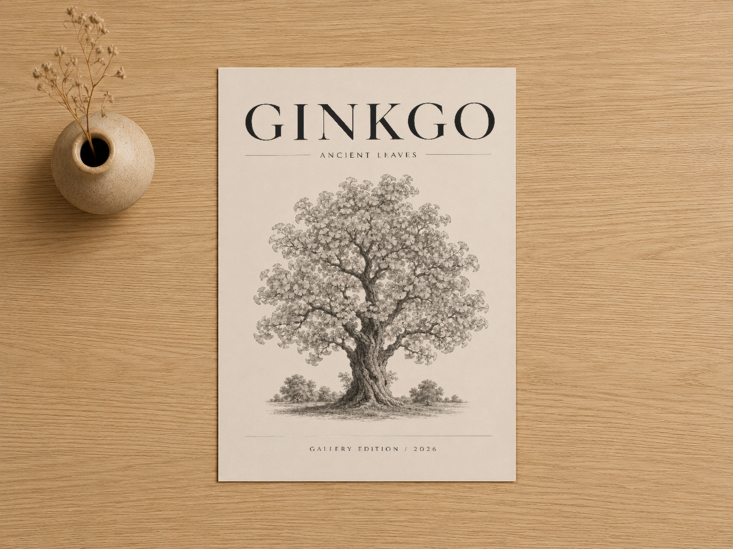 Ginkgo Ancient Leaves tablosu, sanatsal ağaç illüstrasyonuyla minimalist tasarım.
