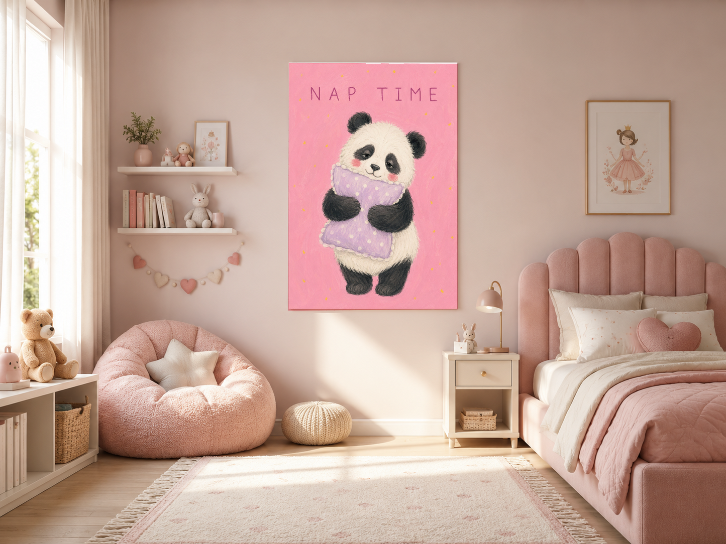 Pembe Nap Time tablosu, pembe tonlu kız çocuk yatak odasının duvarında göz alıcı bir dekor parçası olarak asılıyor.