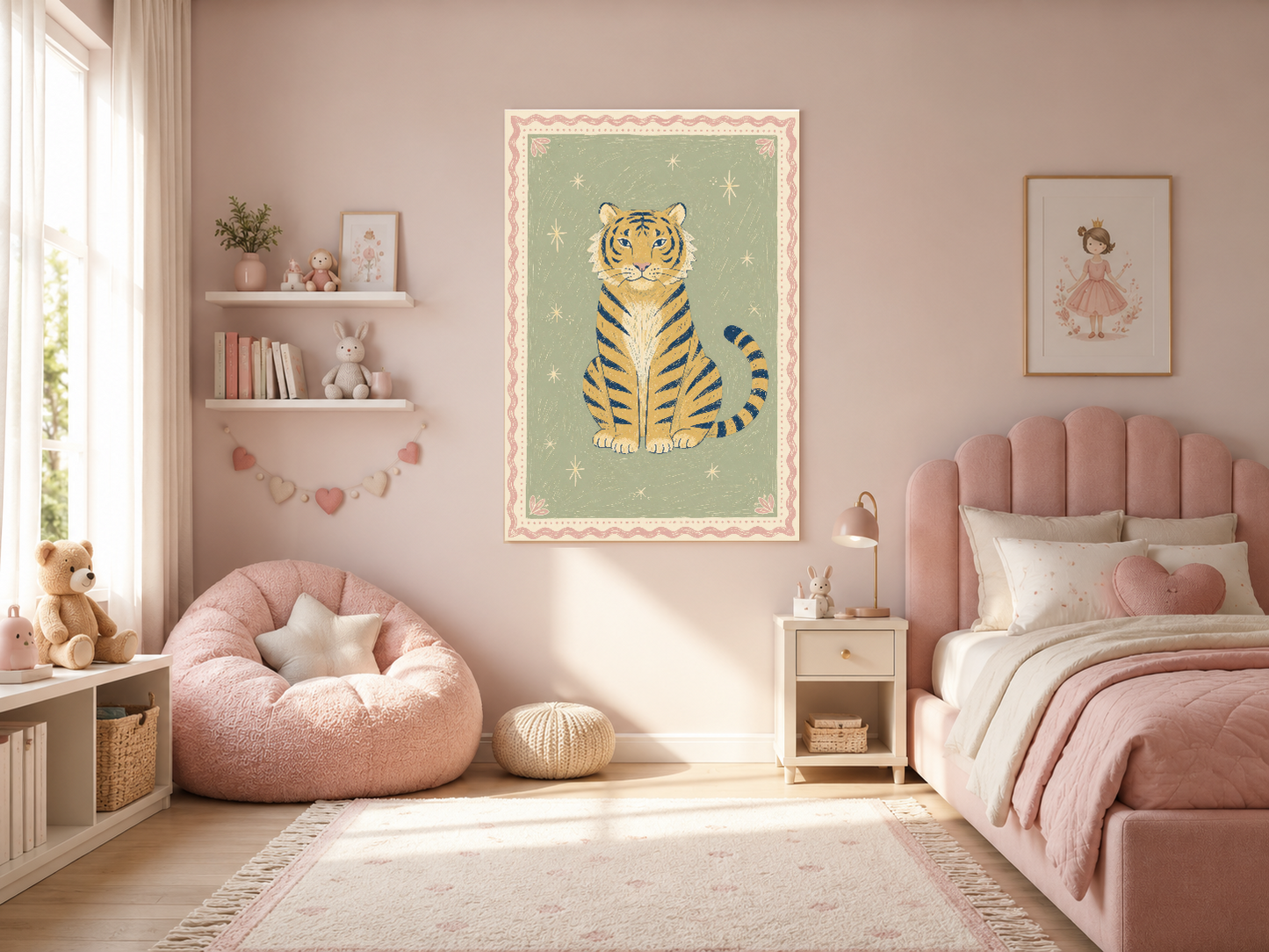 Pastel pembe yatak odası duvarında, nostaljik kaplan motifli yeşil tablo.