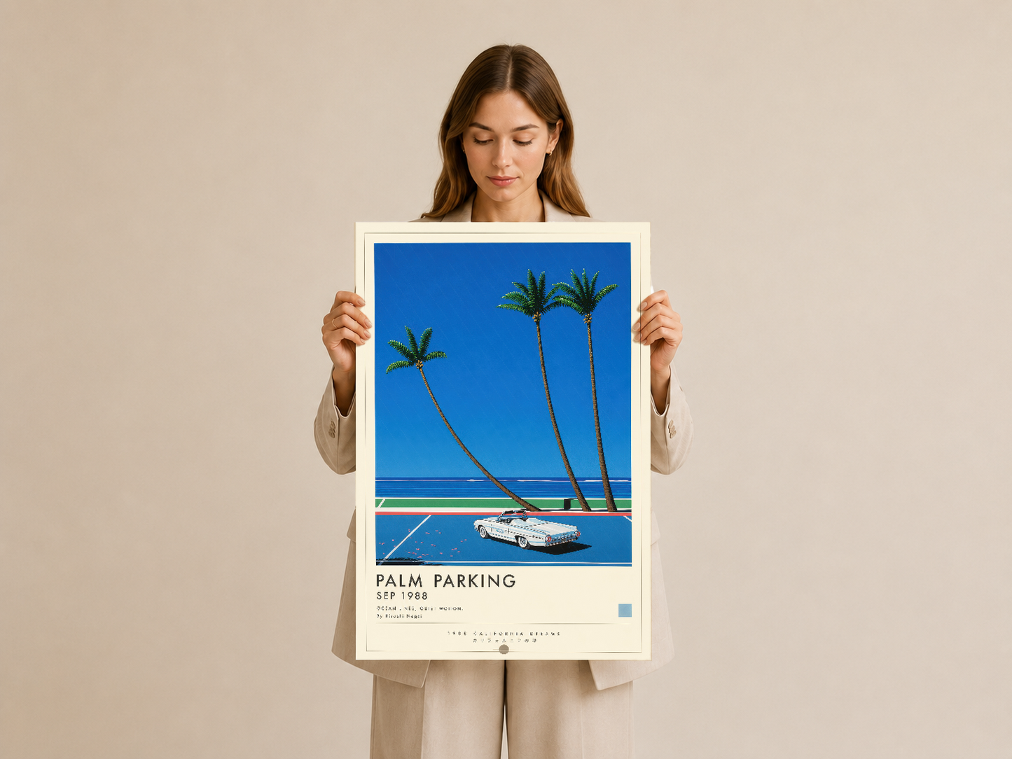 Palm Parking adlı retro poster, palmiye ağaçları ve mavi gökyüzü ile nostaljik sahil hayatının özünü yansıtıyor.