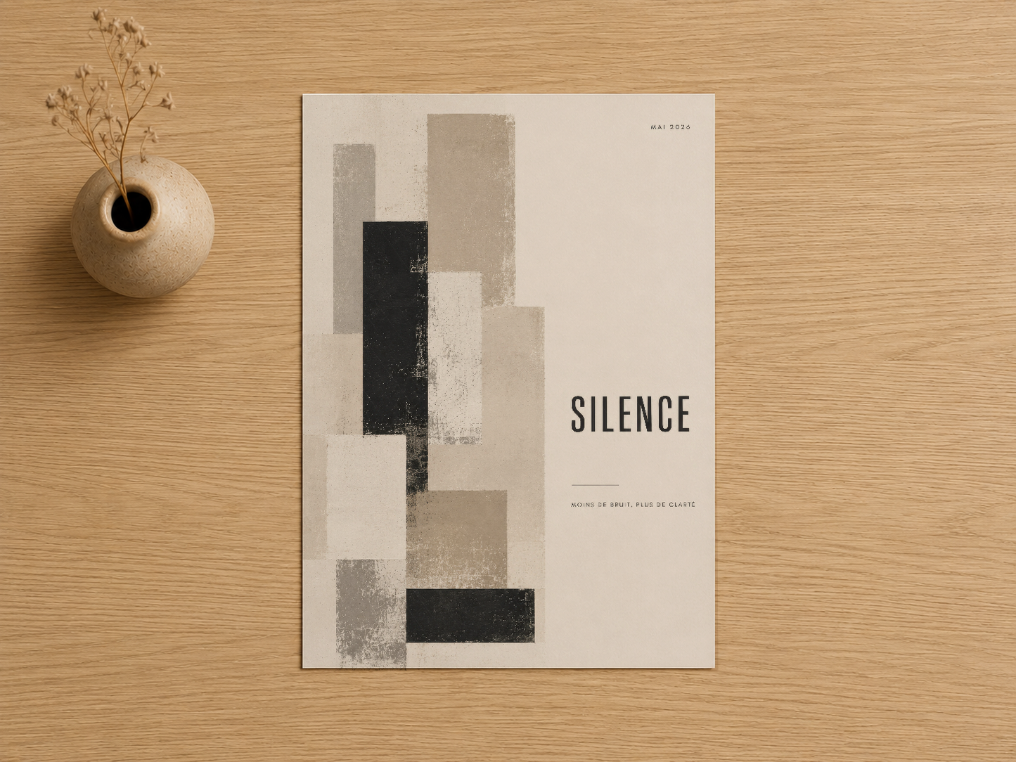 Siyah ve bej tonlarında geometrik şekiller ve SILENCE yazısı içeren soyut tasarım tablosu.