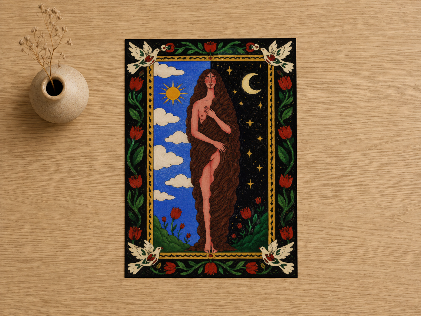 Gündüz ve gece halinde sunulan, zengin renkli çiçek desenli çerçeveleme ile taçlandırılan sanat tablosu.