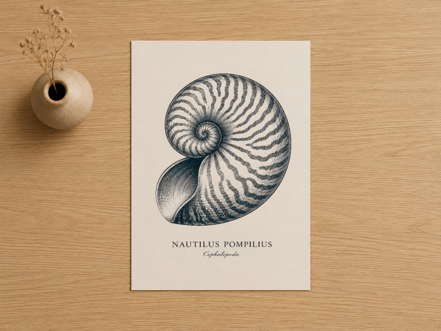 Nautilus Pompilius anatomik illüstrasyon, klasik bilimsel stil duvar tablosu, ahşap zemin üzerinde.