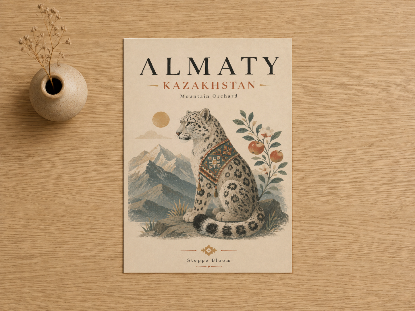 Almaty Kazakistan dağ leoparı illustrasyonlu sanat baskısı, vintage stil doğa temalı poster.