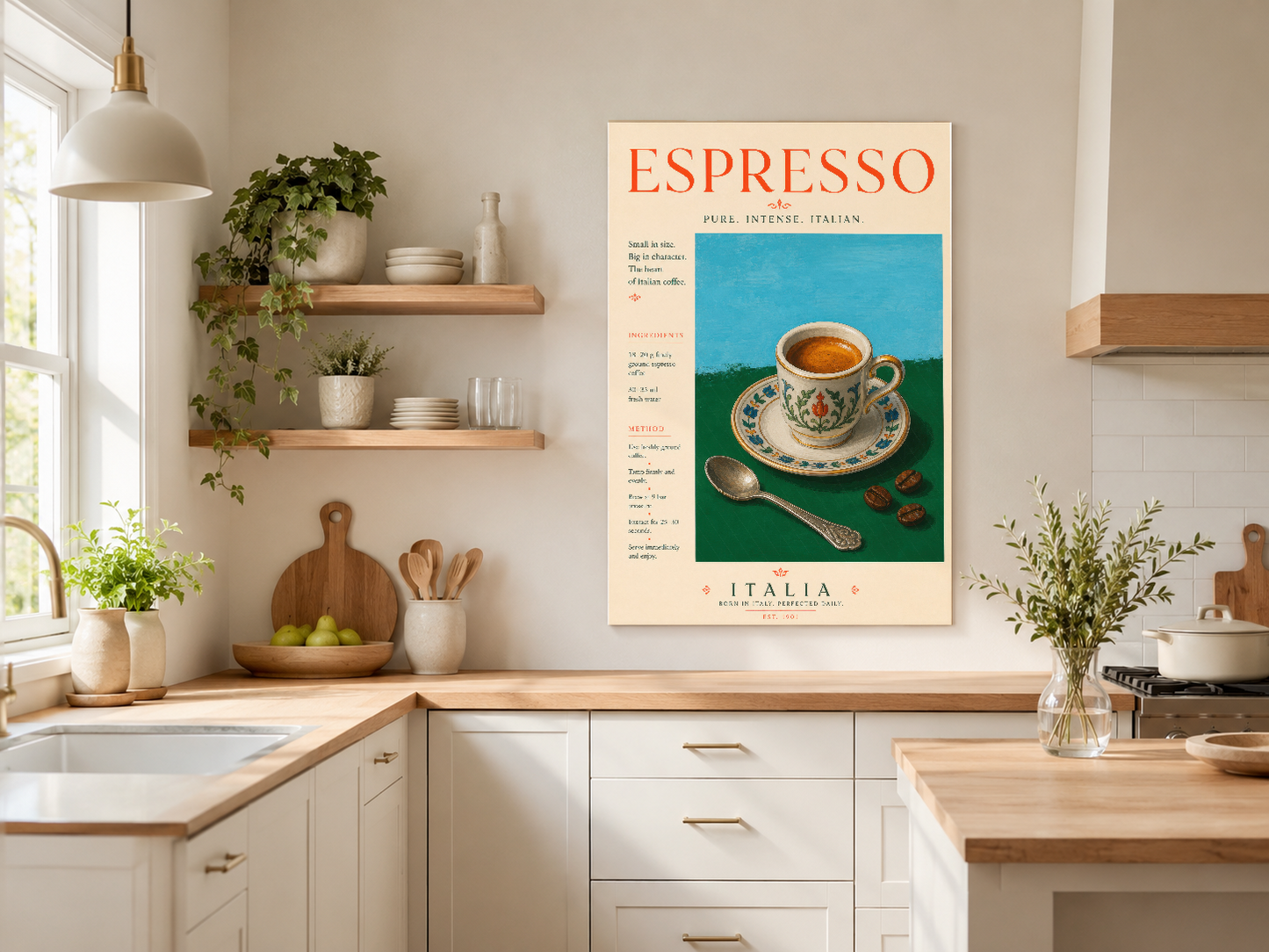 Pure intense italian yazısıyla İtalyan kahve geleneğini kutlayan, mavi ve yeşil tonlarında tasarlanmış poster.