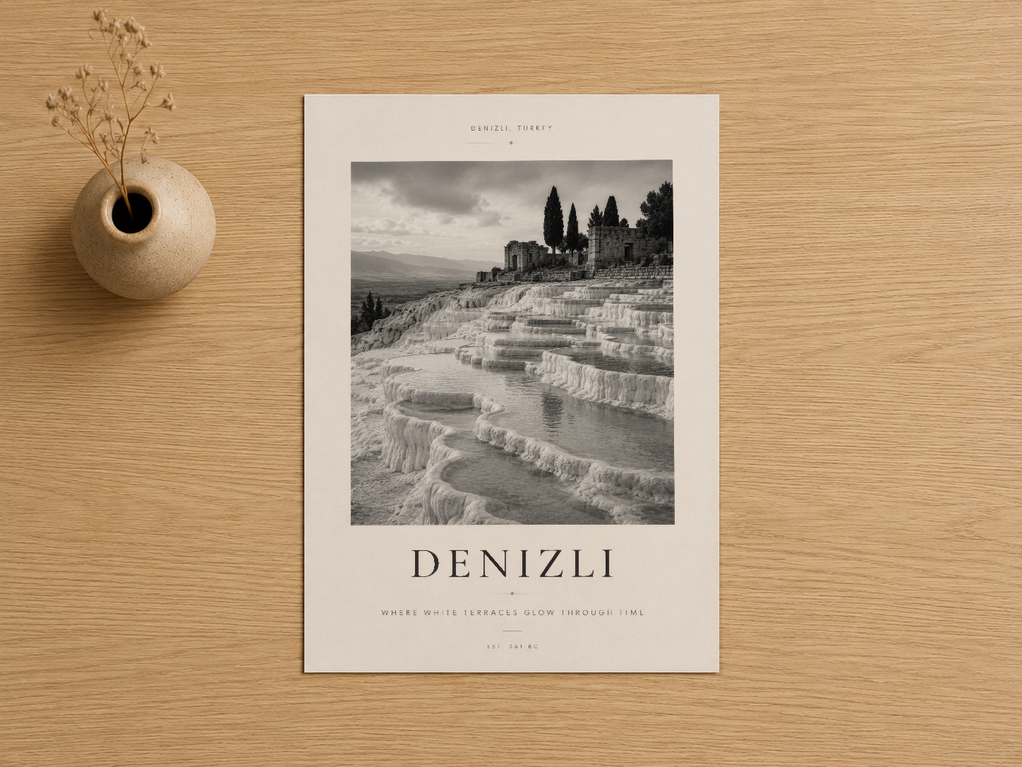 Denizli'nin ikonik beyaz travertinlerini gösteren atmosferik siyah beyaz sanat baskısı, eleştirmen tarafından beğenilmiş.