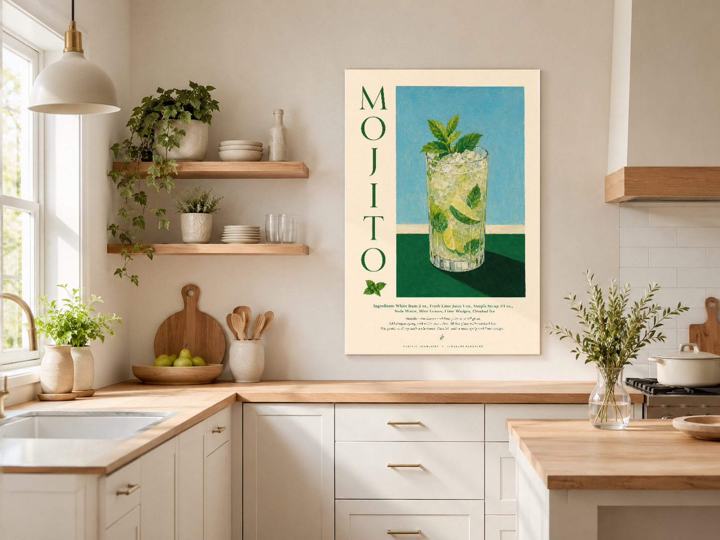 Mojito içeceği sanat baskısı, minimalist tasarım, vintage poster tarzı mutfak duvar dekorasyon.