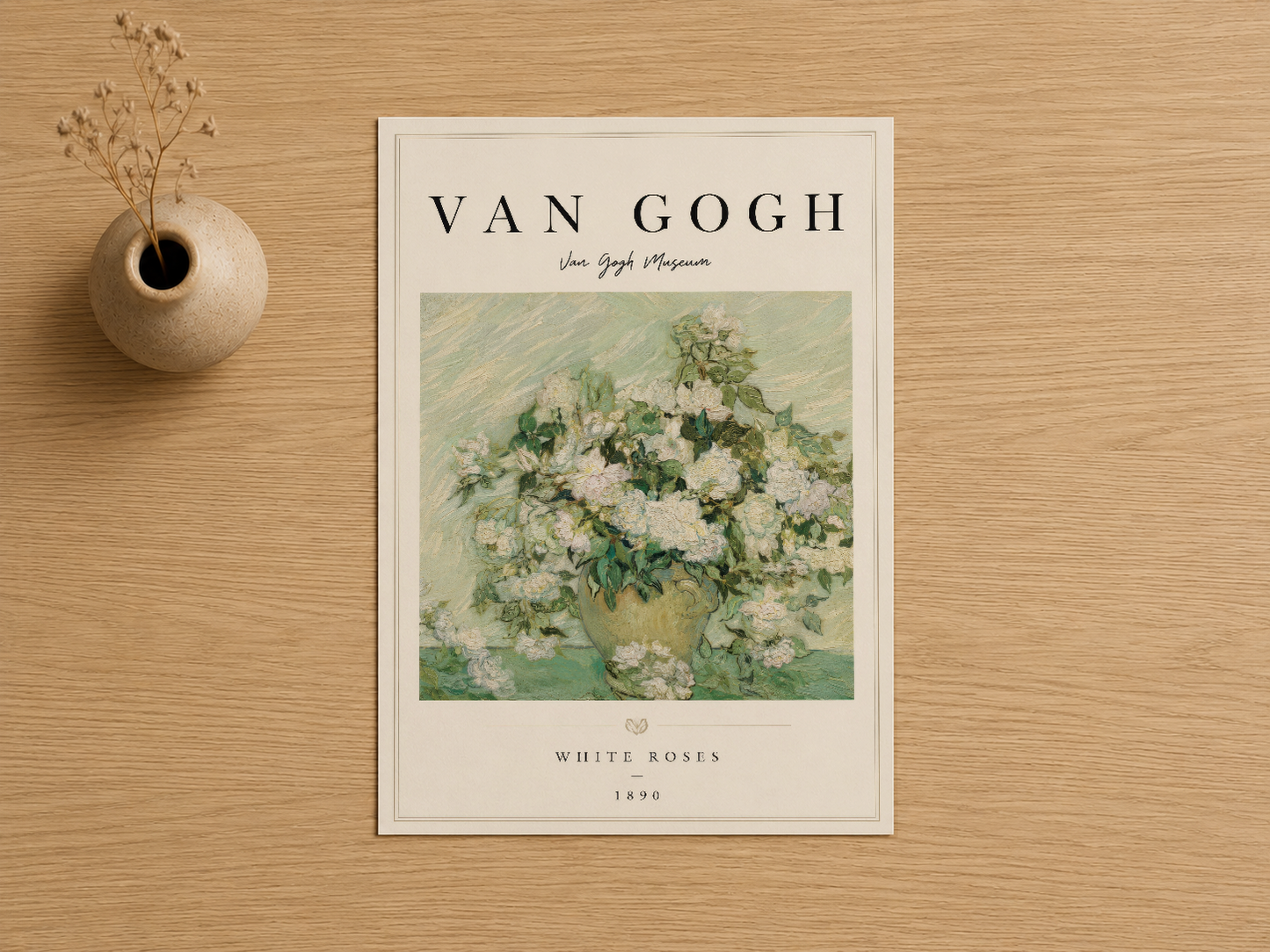 Van Gogh Beyaz Güller sanat baskısı, klasik beyaz çerçeve ve krem tonlu matla sunuluyor.