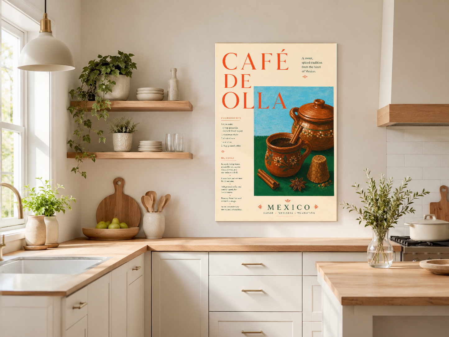 Café de Olla poster, turuncu yazı ve canlı renk bloklarıyla Meksikan kahve geleneğini minimalist tasarımla sunuyor.