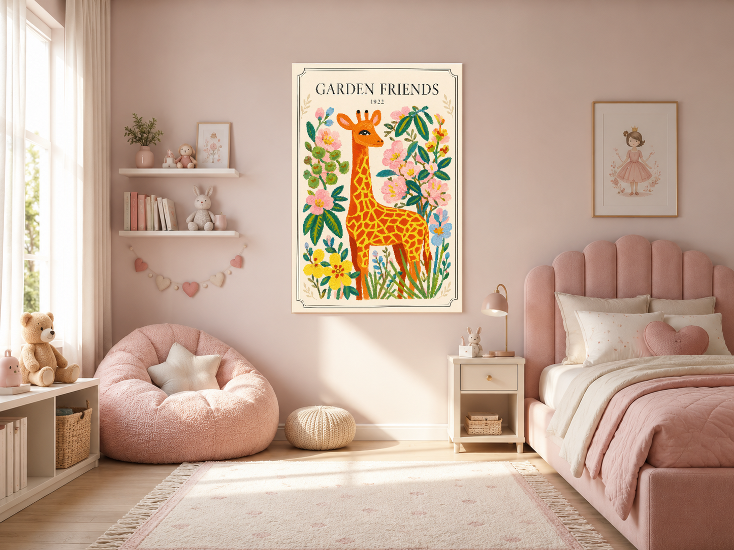 Pembe tonlarda kız odasında, vintage stil Garden Friends tablosu rahat bir atmosfer yaratıyor.