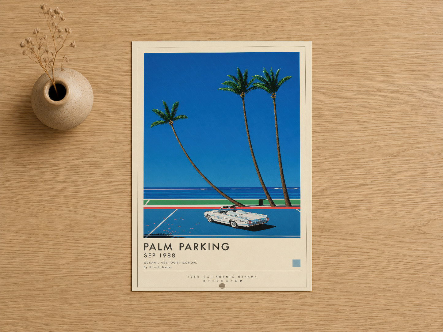 Palm Parking retro poster, şık beyaz çerçevede ahşap dekupaj ile sunulan sanat baskısı.