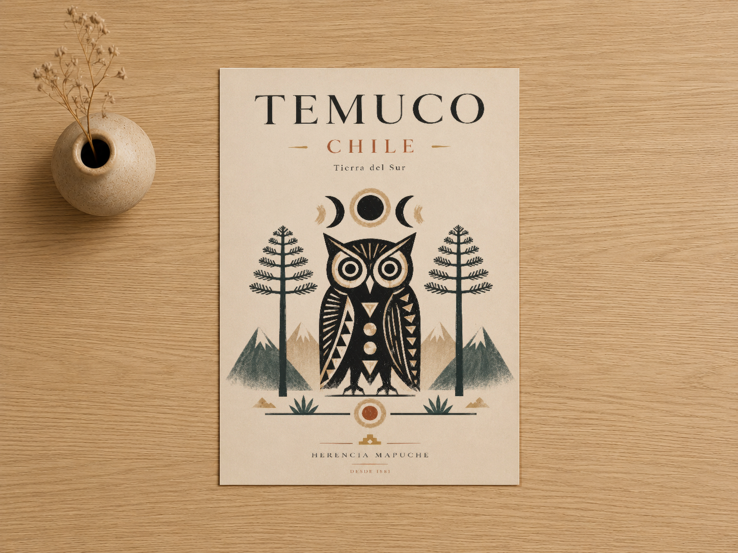 Temuco baskısı, siyah detaylı baykuş ve dağ tasarımıyla doğal ahşap masa üzerinde.