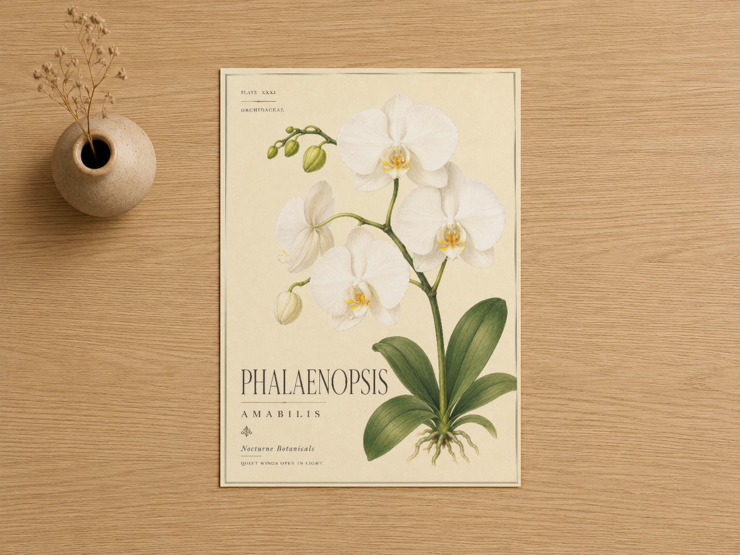 Botanik illüstrasyon tarzında, beyaz çiçekler ve yeşil yapraklı phalaenopsis orkidesi tablosu.