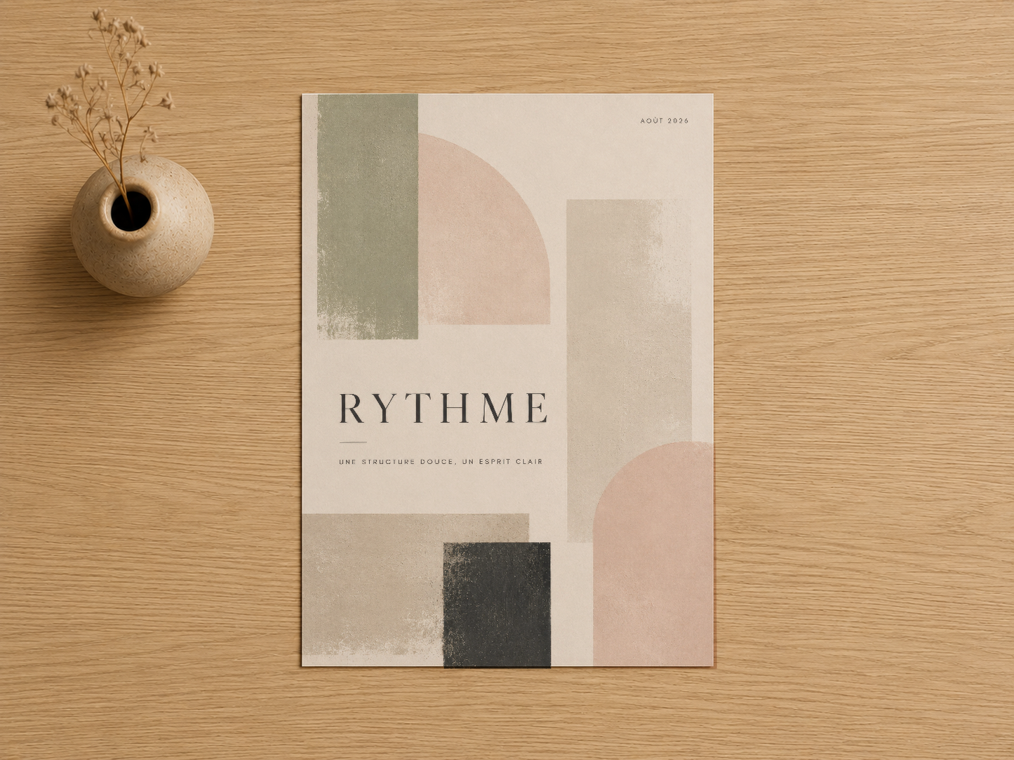 Rythme tablosu, yeşil, pembe ve krem tonlarında minimalist geometrik şekilleri sergiliyor.