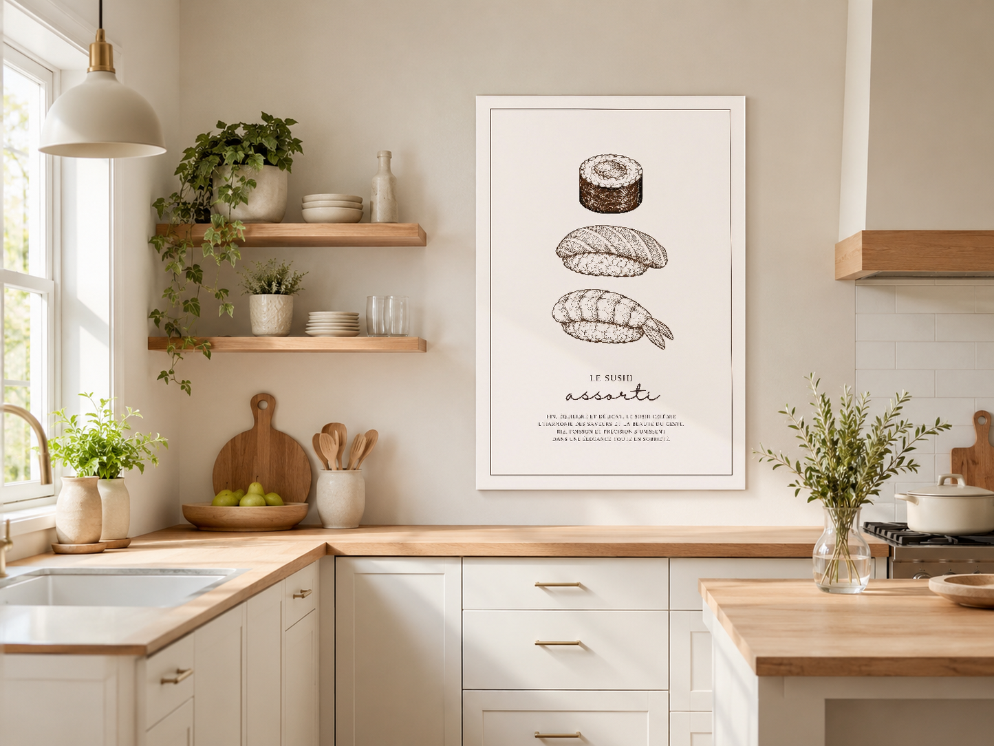 Siyah beyaz ekmek ve sushi illüstrasyonlu poster, minimalist mutfak dekorasyonu, açık raflı duvar tablosu.