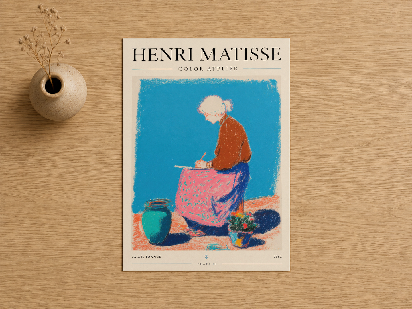 Henri Matisse Color Atelier tablosu, canlı mavi, pembe ve turuncu tonlarıyla sanat tarihinin ikonik bir eseri sunuyor.