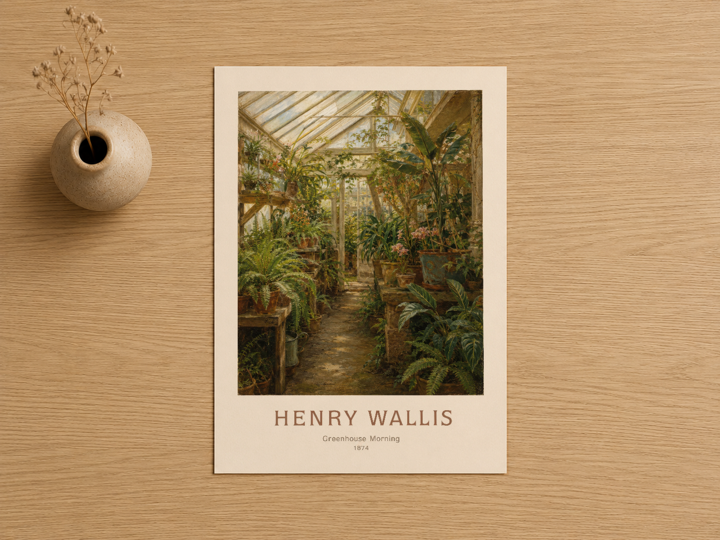 Henry Wallis'in 1874 tarihli Greenhouse Morning eseri, cam seranın içindeki bitki yolunun romantik detaylarını betimlemiş.