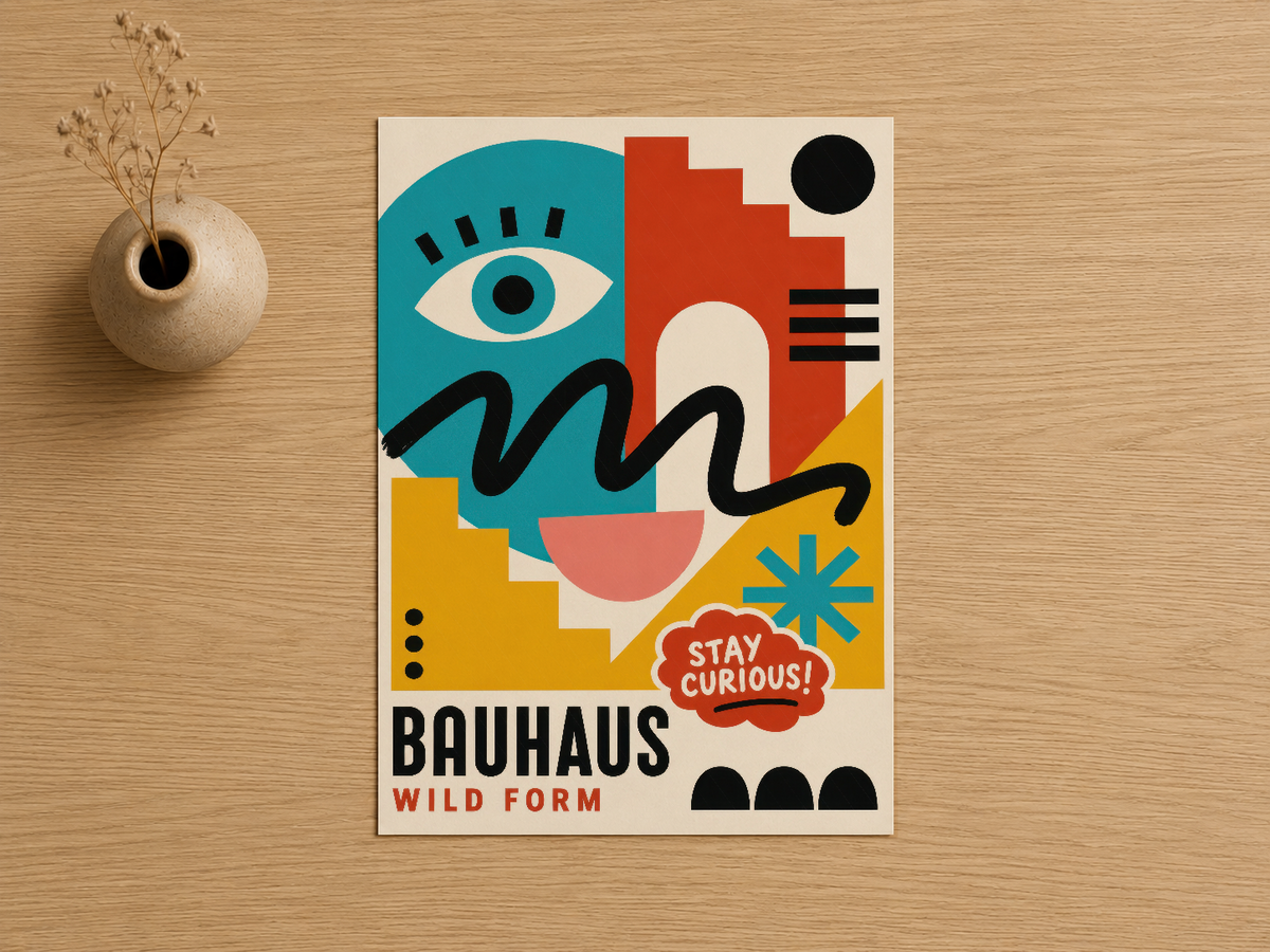 Bauhaus tarzı soyut tasarım, mavi göz, kırmızı ve sarı geometrik şekiller, retro karakterle modern tablo.